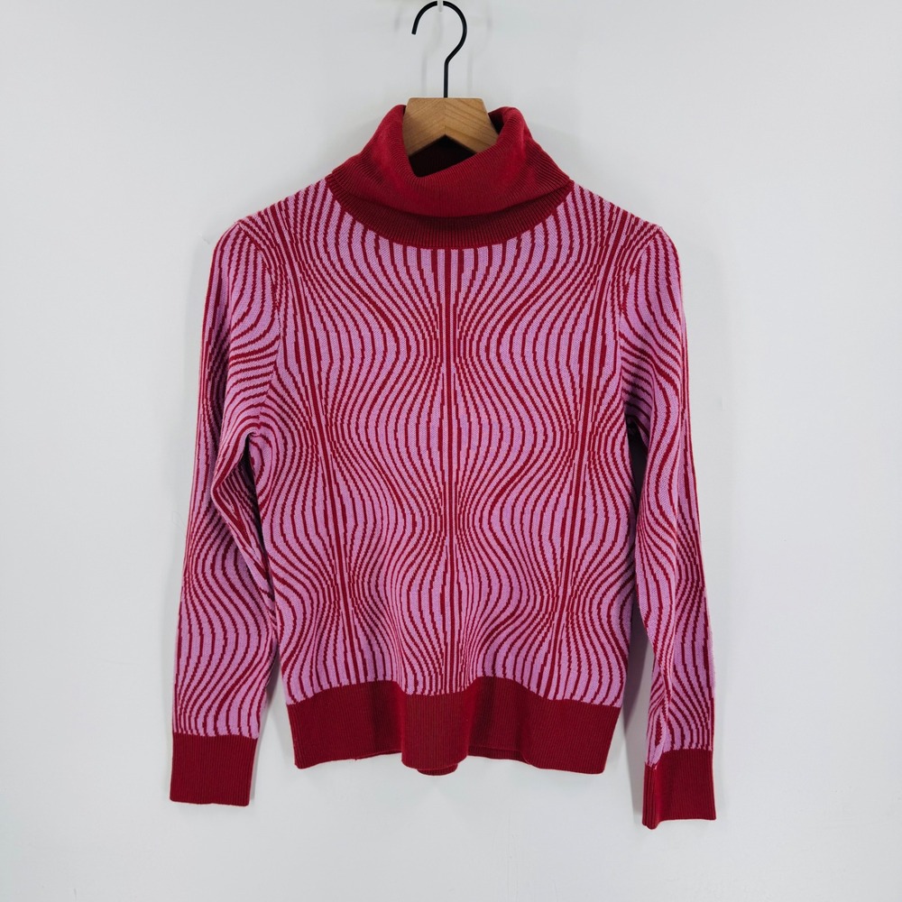 Saunders Collective Pink Red‎ Wavy Turtleneck Sweater Size S Dopamine Maximalist